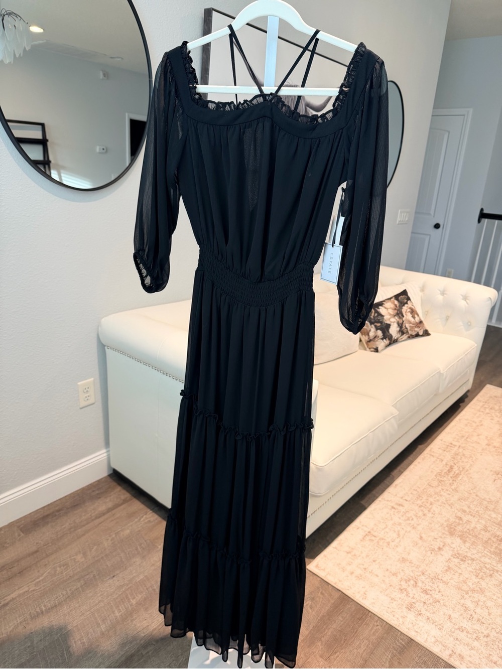 1. State Black Off-Shoulder Maxi Dress with Smocked Waist and Sheer Sleeves